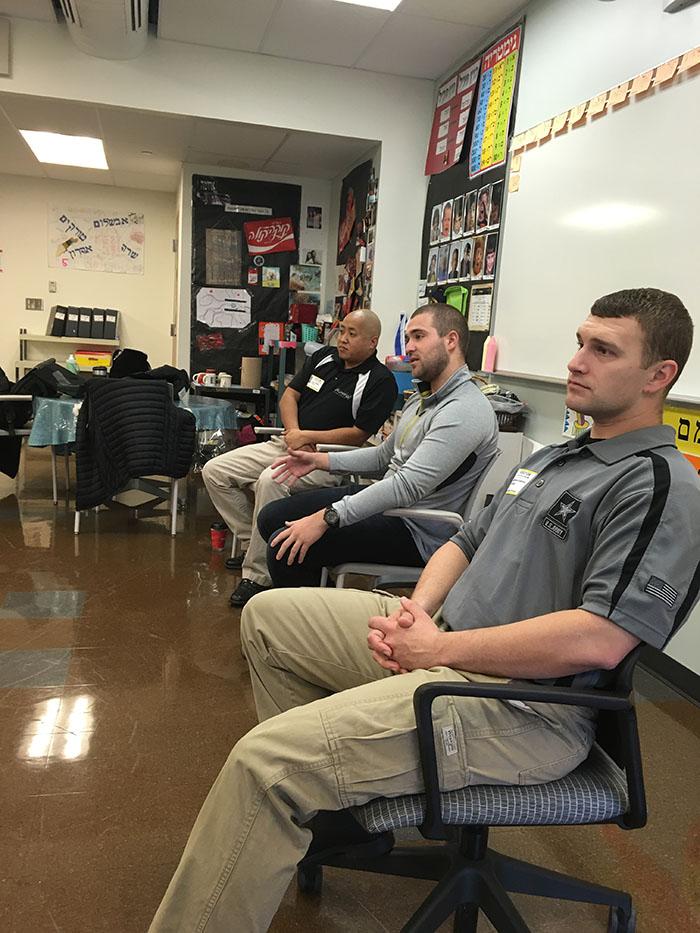 A member of the Israeli IDF joined two US army recruiters speaking to the 6/7 Hebrew class on Nov. 30. Photo courtesy of Irit Slain.