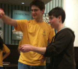 Jared Skoff and Cole Hersch perform a skit during the bellylaughers' performance. Photo by Jeffrey Zuckerman.