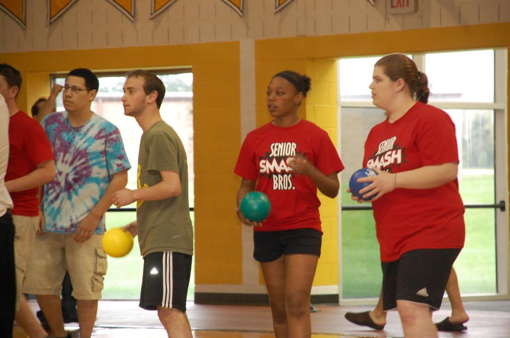 Members of the class of 2010 prepare to smash at the dodgeball event during Spirit Week this year.  Photo by Ena Jones.