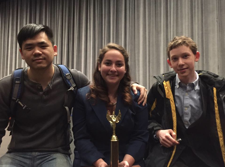 Assistant coach Jove Tse, Co-President Samantha Shaffer and sophomore Daniel Mishins at the Chagrin Falls and Solon speech and debate tournament. Photo courtesy of Steven Shaffer.