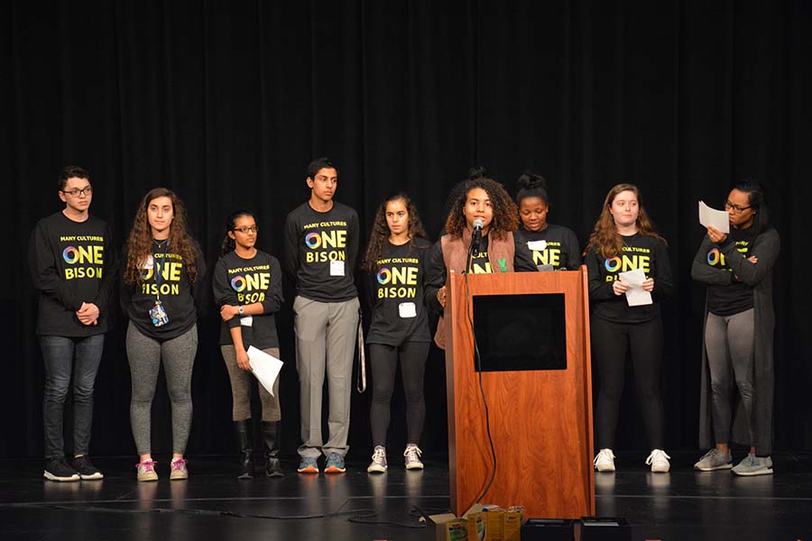 Senior Katelyn Perryman addresses the school at the One Bison Summit on March 22. Photo by Amy Chen.