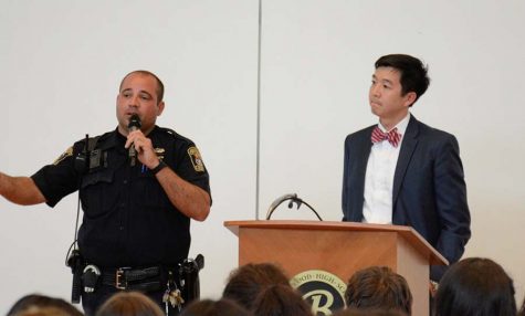 Police Officer C.J. Piro, Beachwood City Schools' Director of Security, joined Principal Tony Srithai at Thursday's Open Forum to explain why he feels it is important to close campus. Photo by Alex Shupp