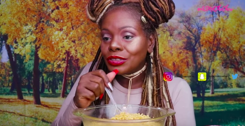  Spirit Payton eats a big bowl of noodles on her ASMR YouTube channel The Chew.