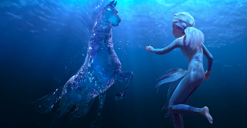 One mesmerising scene is the one in which  Elsa tames  the water spirit, which is in the form of a horse that appears while she swims through the Dark Sea. 