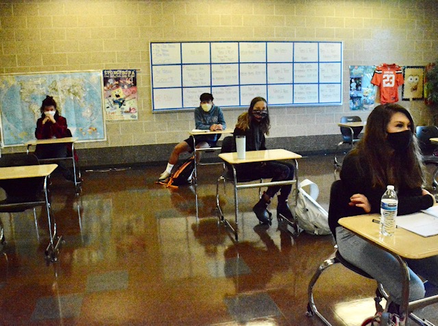 Students in Dominic Velottas AP Psychology class are masked, socially distanced and ready to learn.  