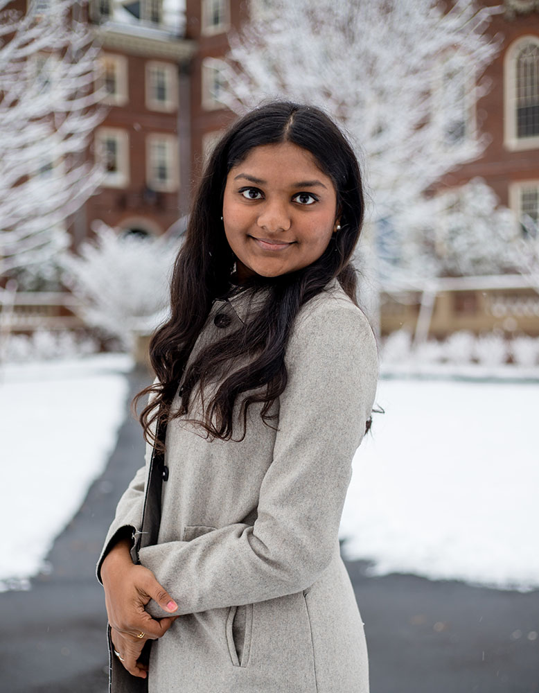 Swathi Srinivasan in Nov. 2020 at Harvard University, where she is earning a double major in social studies and the history of science.