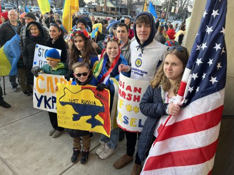 Supporters of Ukraine rallied in Parmas Ukrainian Village on Sunday, Feb. 27.