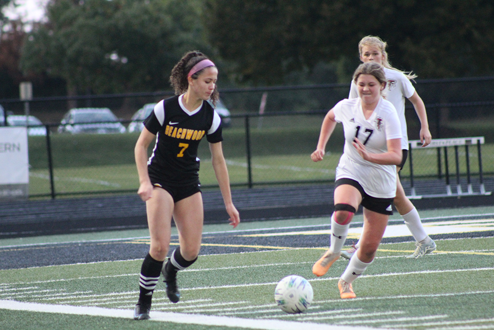 Senior Kylie Walters outpaces defenders and controls the ball on a run for the goal. Photo from Sept. 18 Jefferson game. 