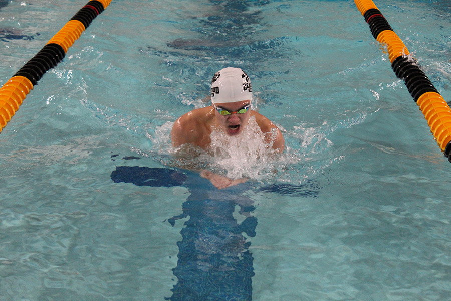 Elwell competing at last years District meet, where he won CVC titles in 100 breast, 200 free as well as the 200 free relay.