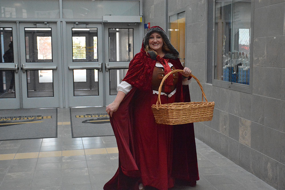 Main office secretary Amy Schulte  dressed as Little Red Riding Hood. Off to grandmother’s house she goes.
