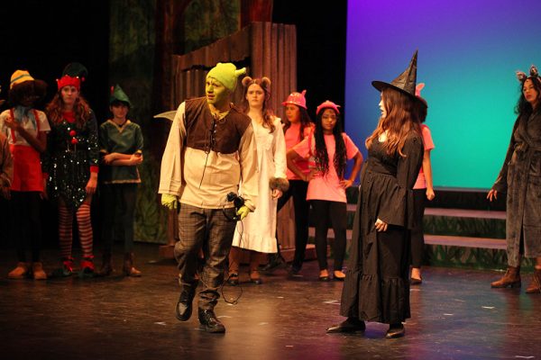 Shrek (Eli Ward) confronts the fairytale creatures about his swamp. 