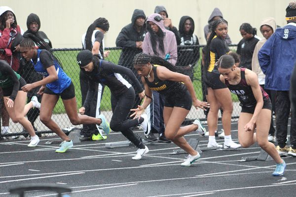 Freshman Kyrsten Ginn at the start of the 100m dash. She went on to win the event.
