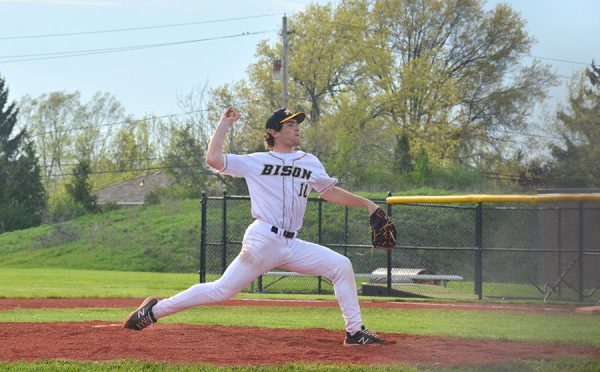 Senior Josh Rosenblitt delivers a pitch and strikes out another batter during the April 29 home game against Perry. 