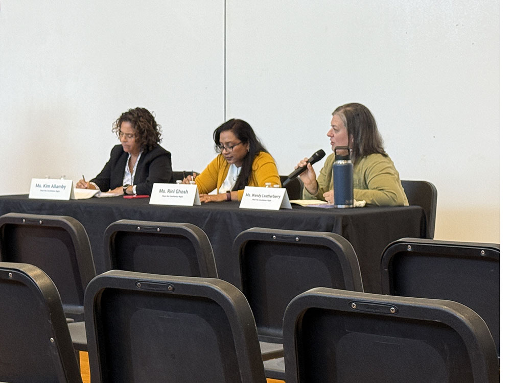 Incumbent board members Kim Allamby, Rini Ghosh and Wendy Leatherberry fielded questions about academics, teacher retention and AI in schools. Challenger Tahgi Turner could not be present.