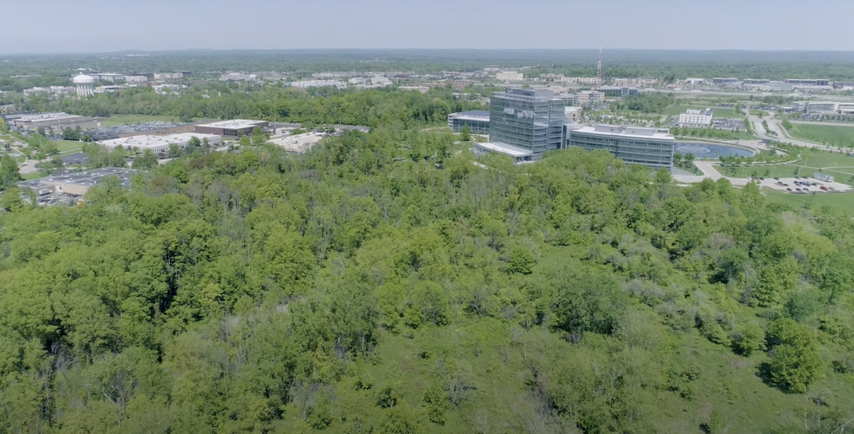 Aerial view of Chagrin Highlands from over Harvard Road.  Screenshot from video on City of Beachwood website.