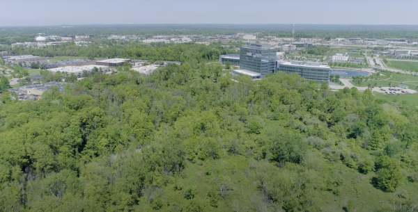 Aerial view of Chagrin Highlands from over Harvard Road.  Screenshot from video on City of Beachwood website.