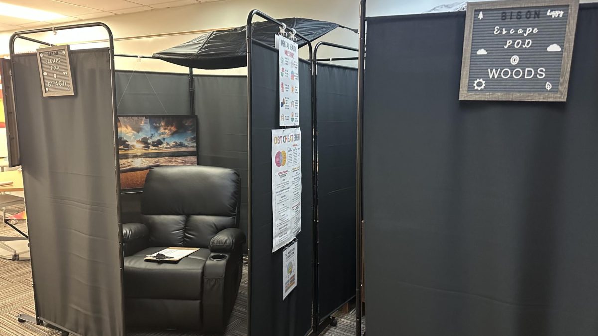 The space features two individual relaxation pods equipped with heated massage recliners, noise-canceling white-noise machines and visual calming scenes.